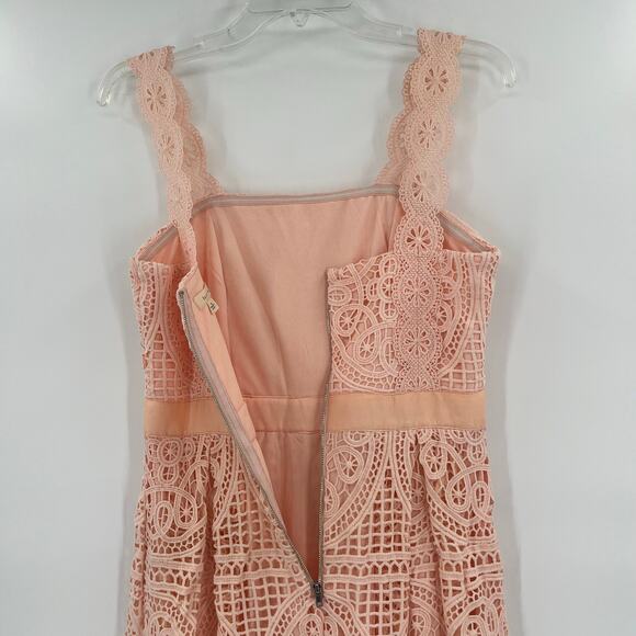 Just Me Crochet Lace Dress Size M Peach Milkmaid Asymmetric Boho Cottage Fairy - Picture 7 of 12